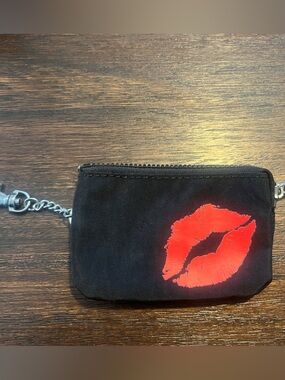 Black Coin Pouch with Red Lip Print - Women's Keychain Wallet